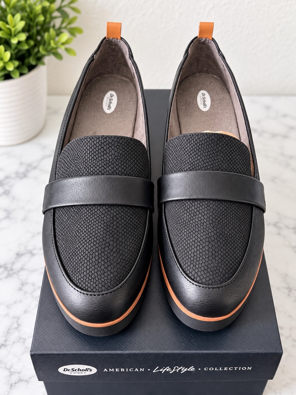 Dr. Scholl's Black Loafers with Tan Accent